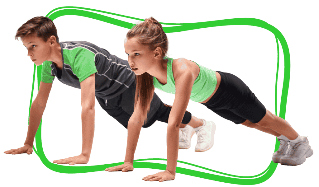 A young boy and a young girl hold a plank position.