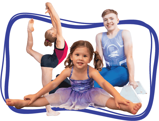 A little girl sits on the ground and stretches. Another student smiles at the camera. A third student holds a dance pose with one leg and both arms in the air.